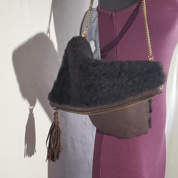 Dark Brown Leather and Sherpa Purse with Chain Strap -shipping incl - Picture 1 of 16